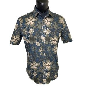 Hudson North Tropical Floral Blue Tan Casual Button Up Shirt Short Sleeves L